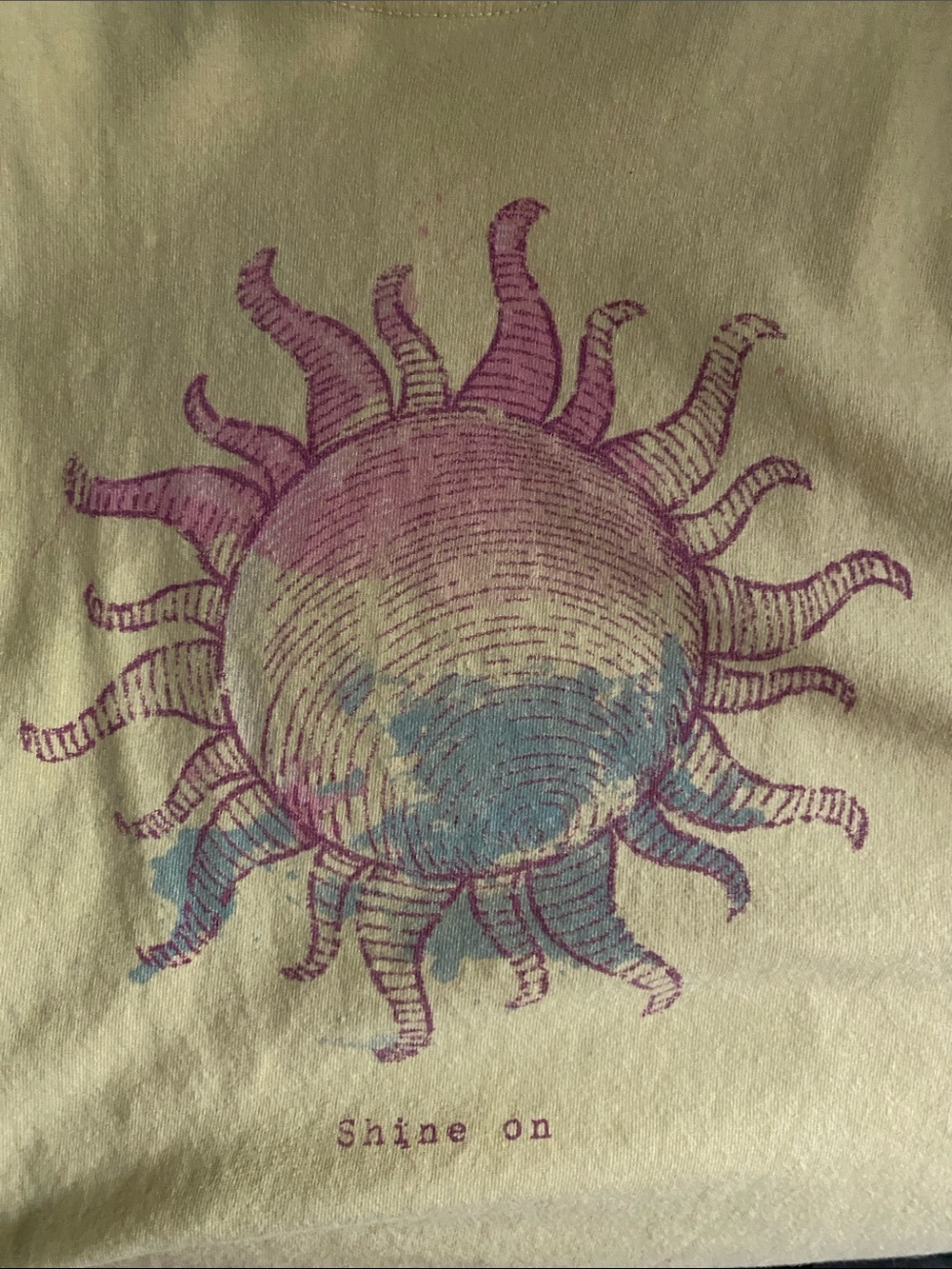 Life Is Good Pale Yellow Short Sleeve Tee with Pink and Blue Sun Graphic - Picture 3 of 5